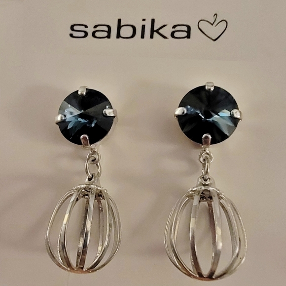 #Sabika Bermuda Blue Manhattan Crystal Silver Bird Cage Drop Earrings 1.25" long - Picture 1 of 3